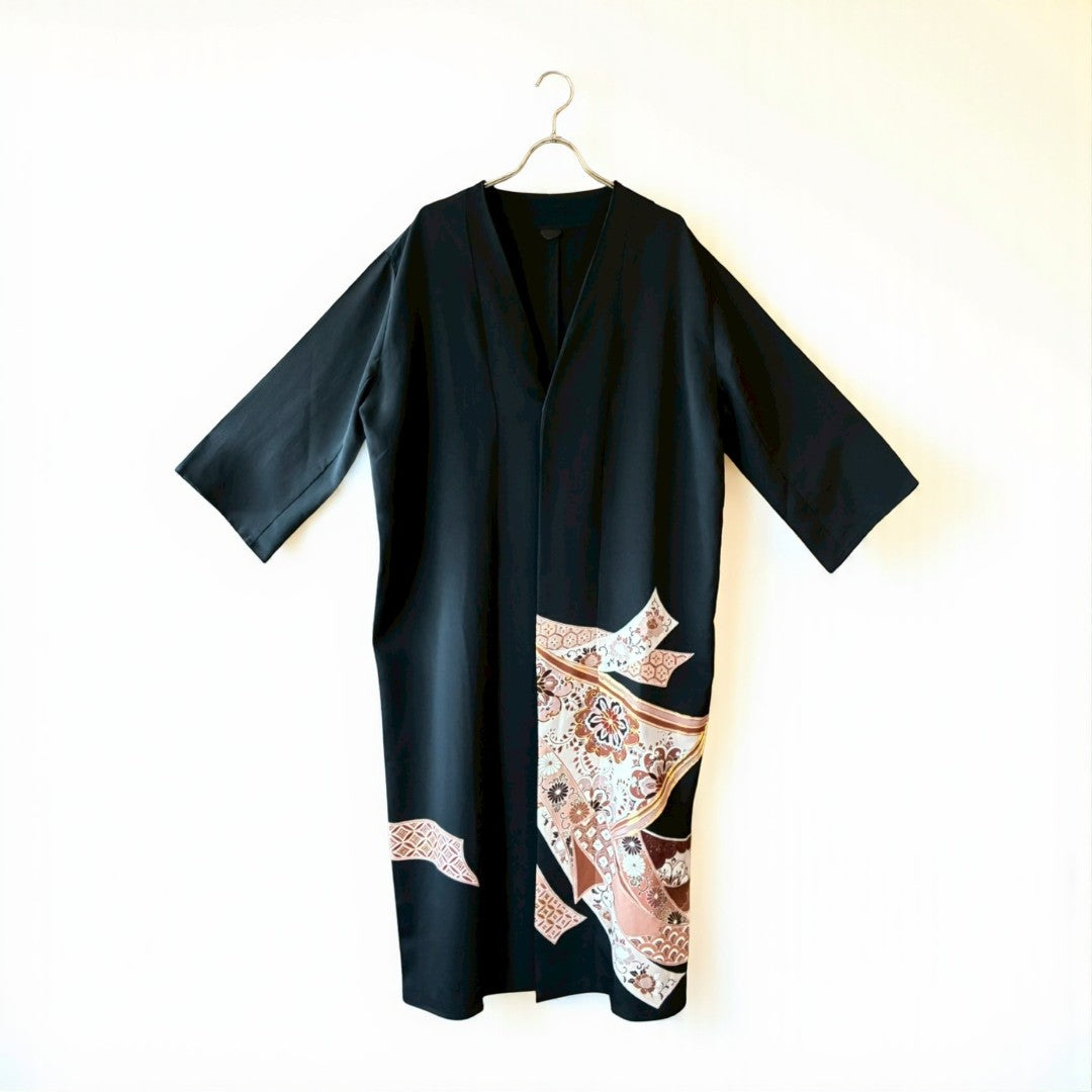 Remade Kuro-Tomesode Gown Coat with Traditional Japanese Patterns – One-of-a-Kind