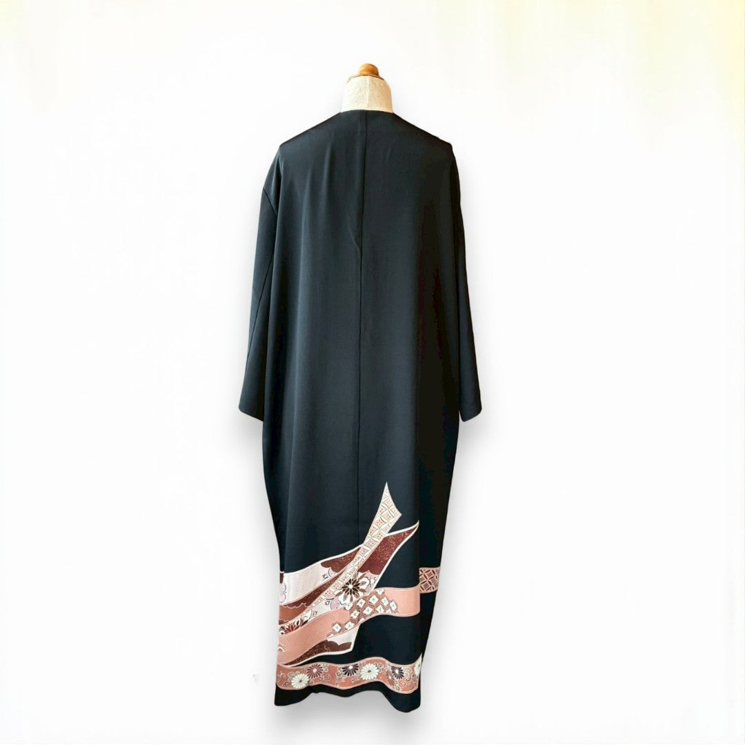 Remade Kuro-Tomesode Gown Coat with Traditional Japanese Patterns – One-of-a-Kind