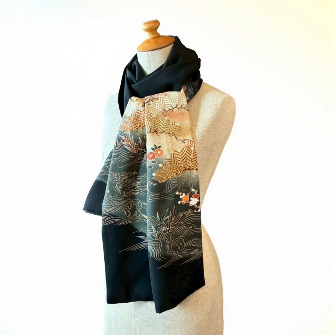 Remade Silk Scarf from Kurotomesode Kimono – Japanese Embroidery | mukafu Reconstructed