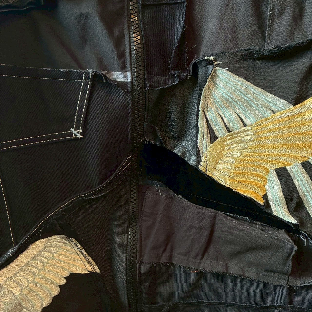 Kurotomesode × Mixed Materials Reconstructed Long Coat Leather Denim & Obi Patchwork One-of-a-kind Unisex zivun