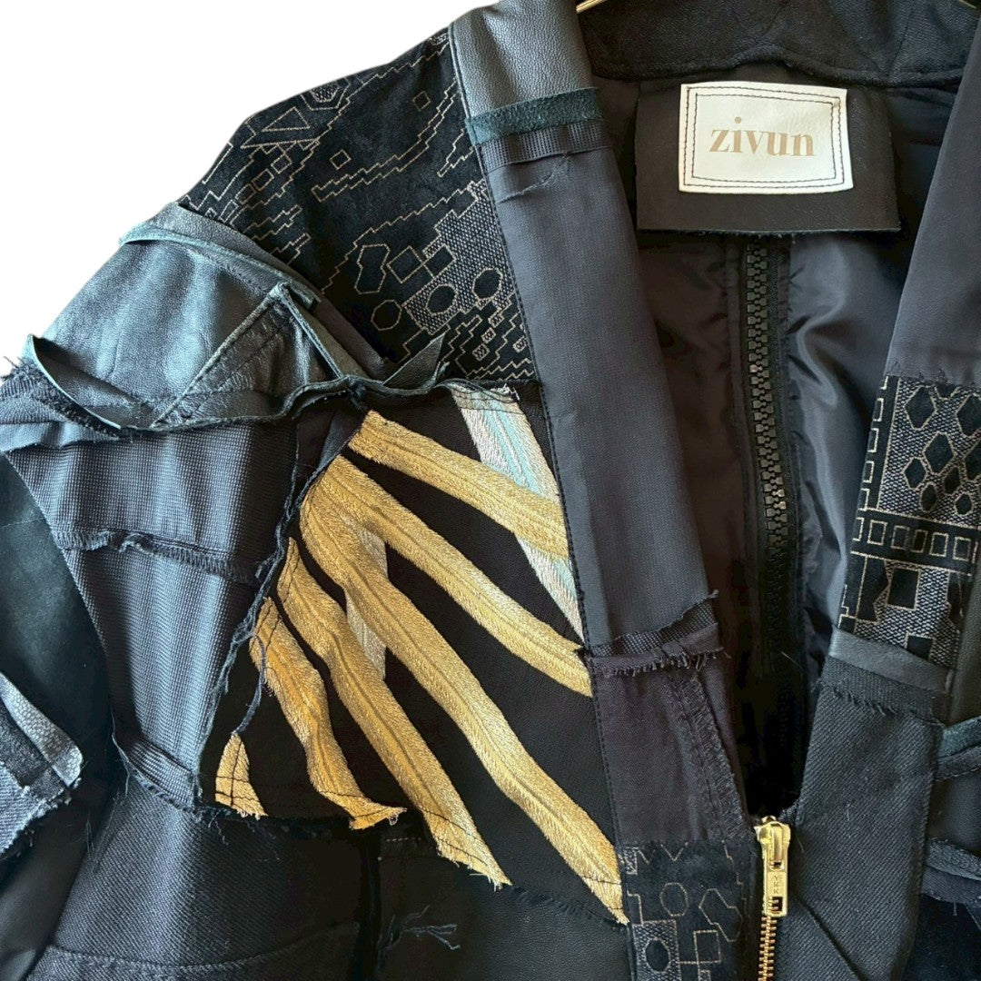 Kurotomesode × Mixed Materials Reconstructed Long Coat Leather Denim & Obi Patchwork One-of-a-kind Unisex zivun