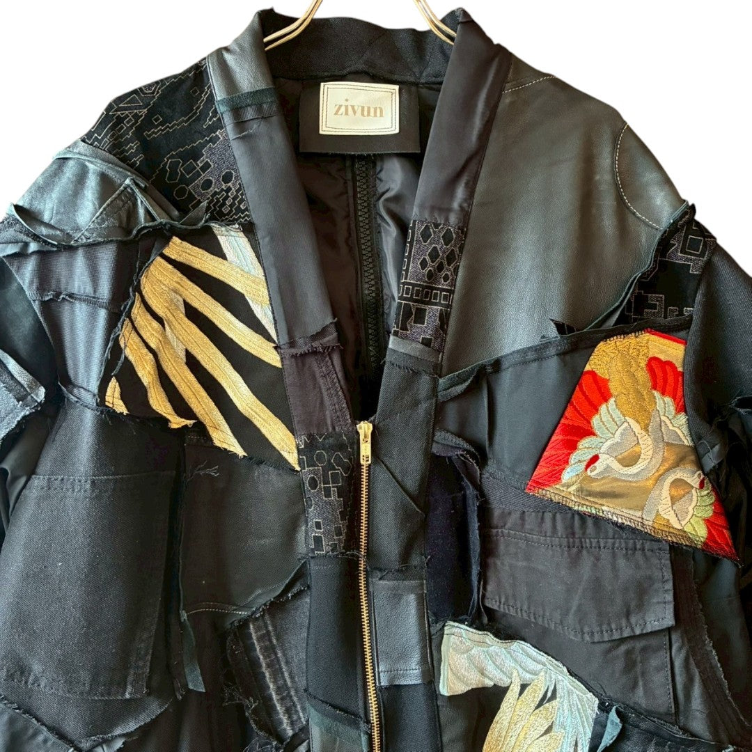 Kurotomesode × Mixed Materials Reconstructed Long Coat Leather Denim & Obi Patchwork One-of-a-kind Unisex zivun