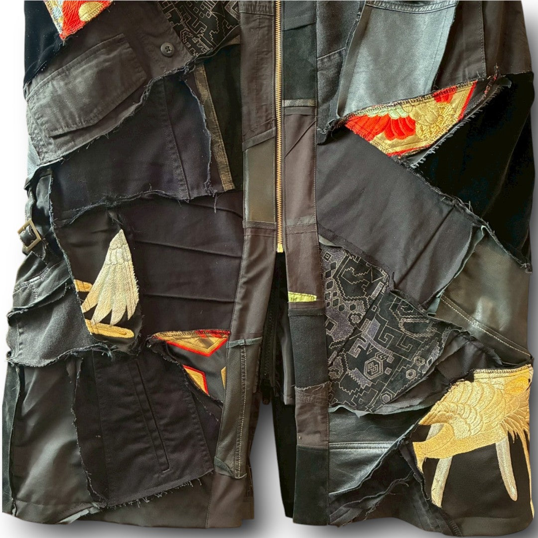Kurotomesode × Mixed Materials Reconstructed Long Coat Leather Denim & Obi Patchwork One-of-a-kind Unisex zivun
