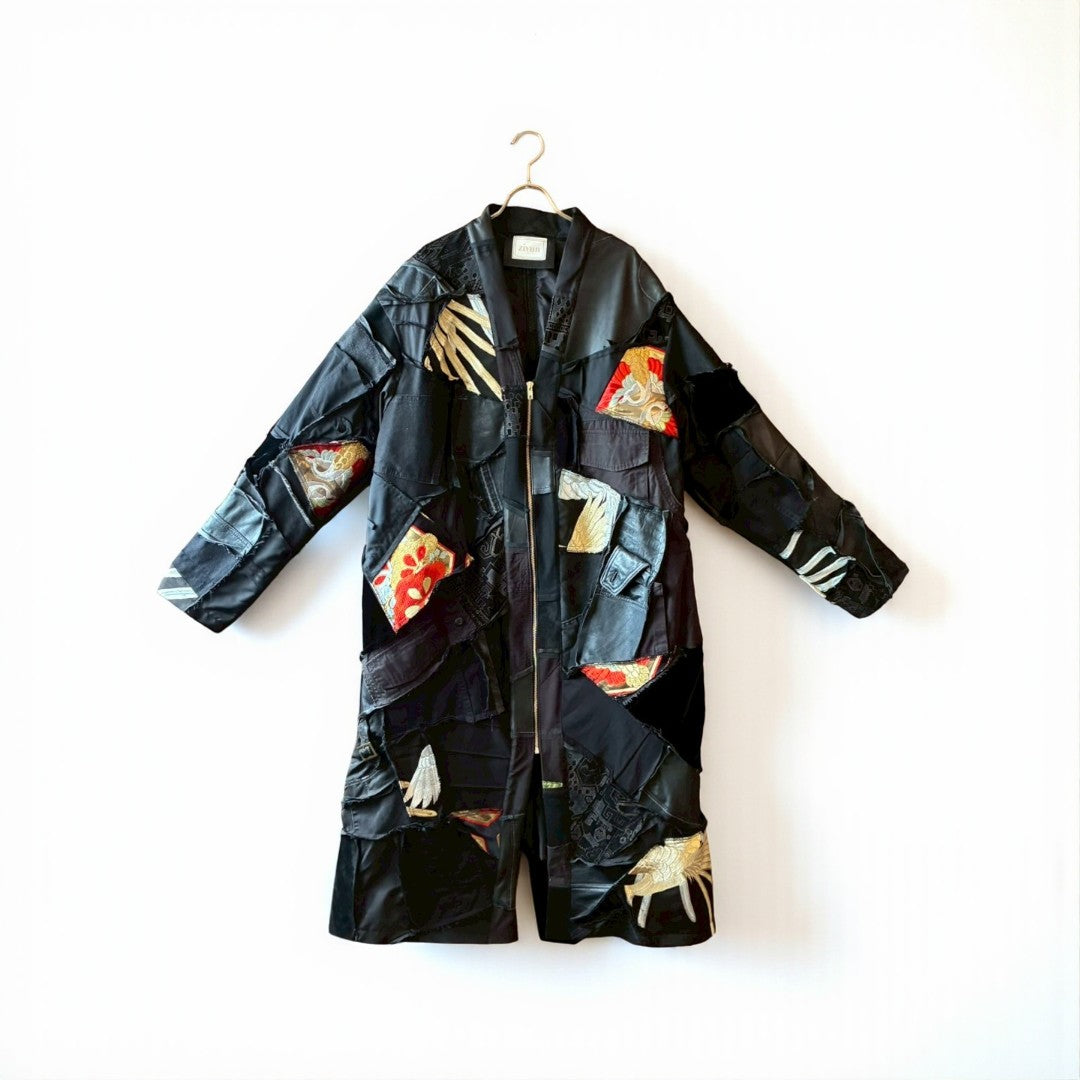 Kurotomesode × Mixed Materials Reconstructed Long Coat Leather Denim & Obi Patchwork One-of-a-kind Unisex zivun