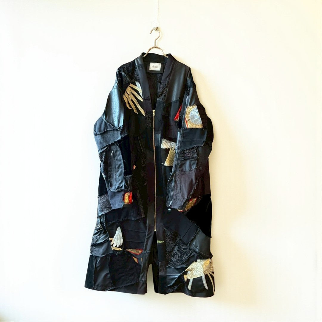 Kurotomesode × Mixed Materials Reconstructed Long Coat Leather Denim & Obi Patchwork One-of-a-kind Unisex zivun