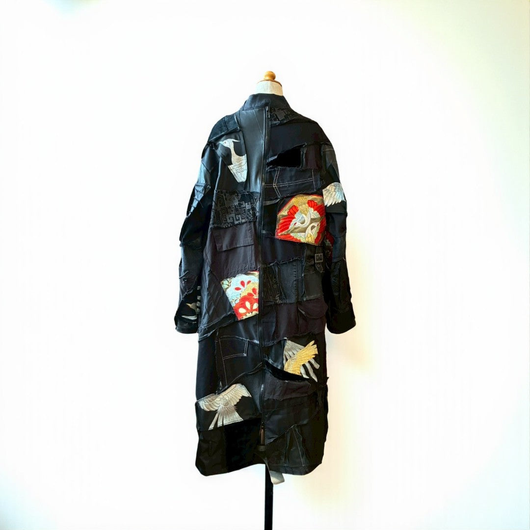 Kurotomesode × Mixed Materials Reconstructed Long Coat Leather Denim & Obi Patchwork One-of-a-kind Unisex zivun