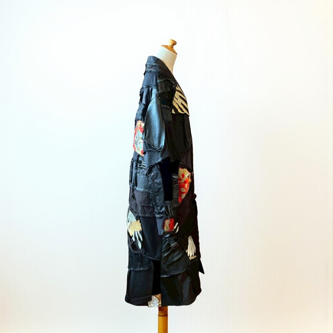 Kurotomesode × Mixed Materials Reconstructed Long Coat Leather Denim & Obi Patchwork One-of-a-kind Unisex zivun