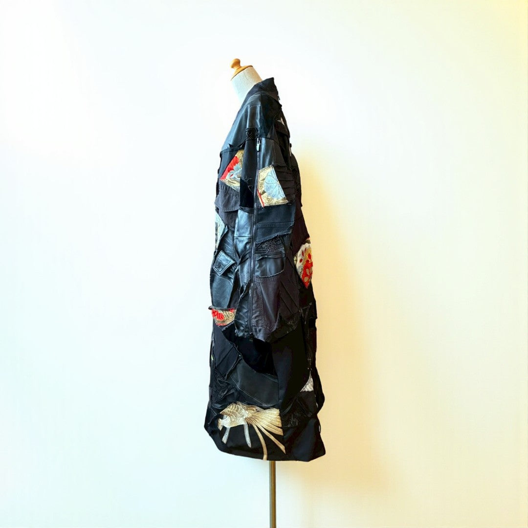 Kurotomesode × Mixed Materials Reconstructed Long Coat Leather Denim & Obi Patchwork One-of-a-kind Unisex zivun