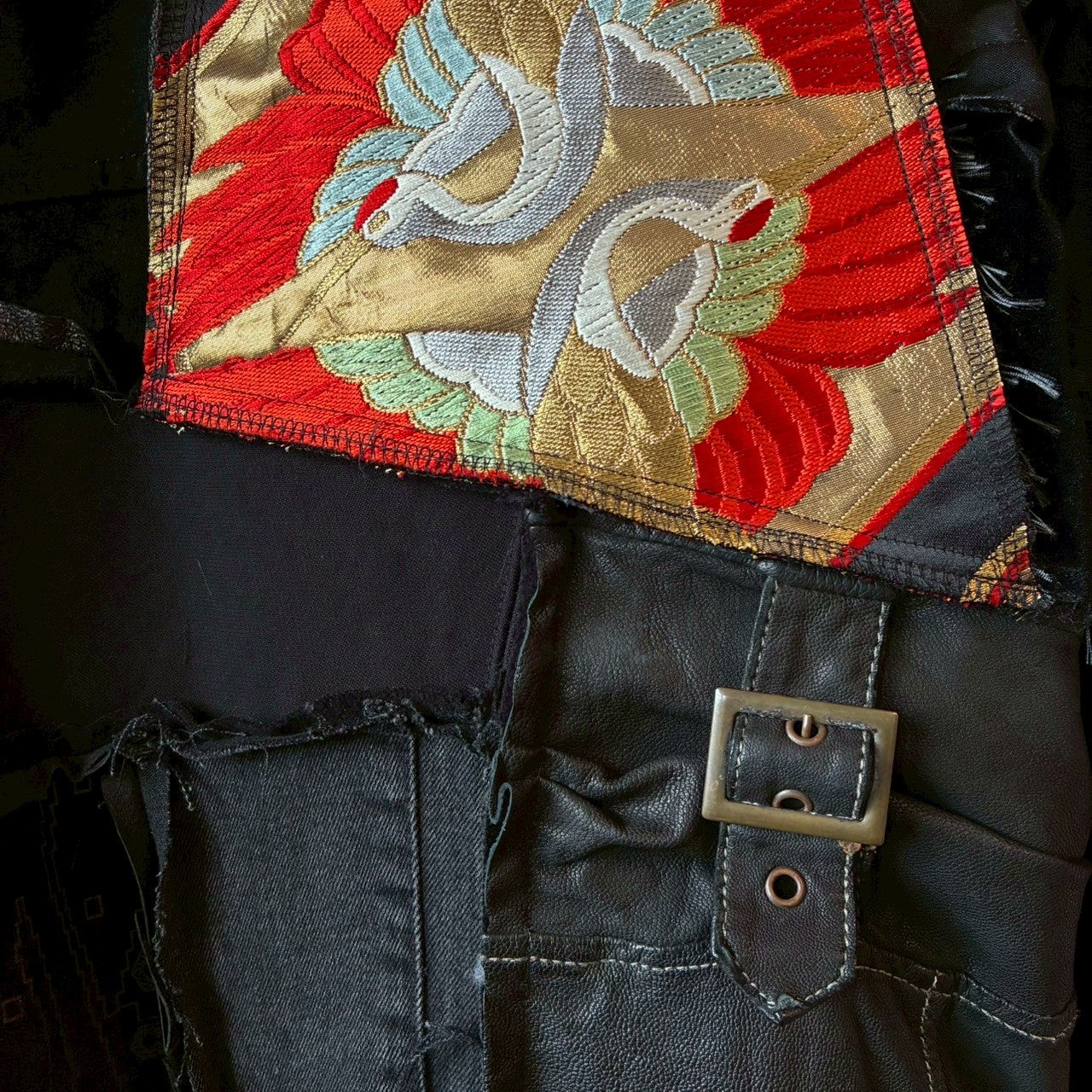 Kurotomesode × Mixed Materials Reconstructed Long Coat Leather Denim & Obi Patchwork One-of-a-kind Unisex zivun