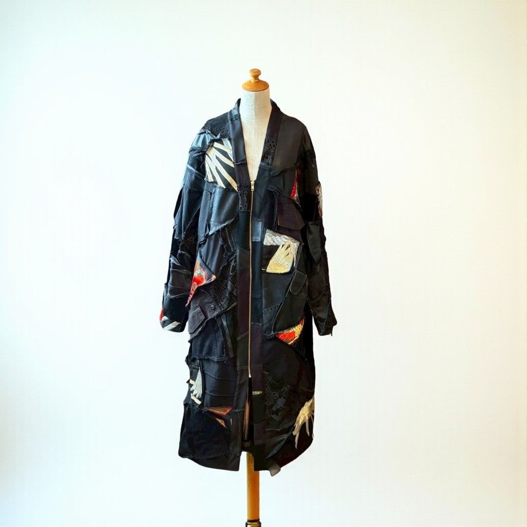 Kurotomesode × Mixed Materials Reconstructed Long Coat Leather Denim & Obi Patchwork One-of-a-kind Unisex zivun