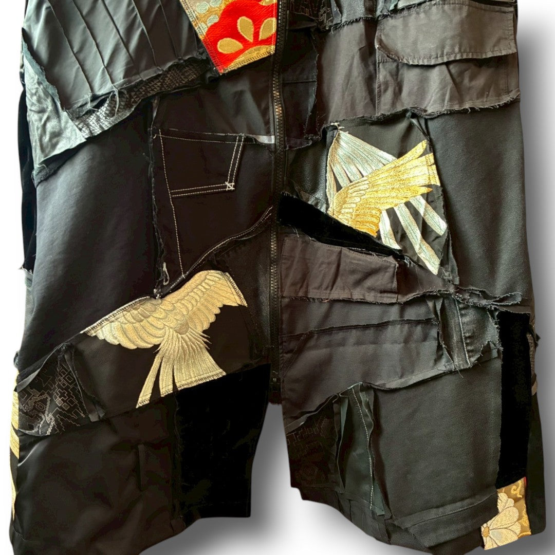 Kurotomesode × Mixed Materials Reconstructed Long Coat Leather Denim & Obi Patchwork One-of-a-kind Unisex zivun