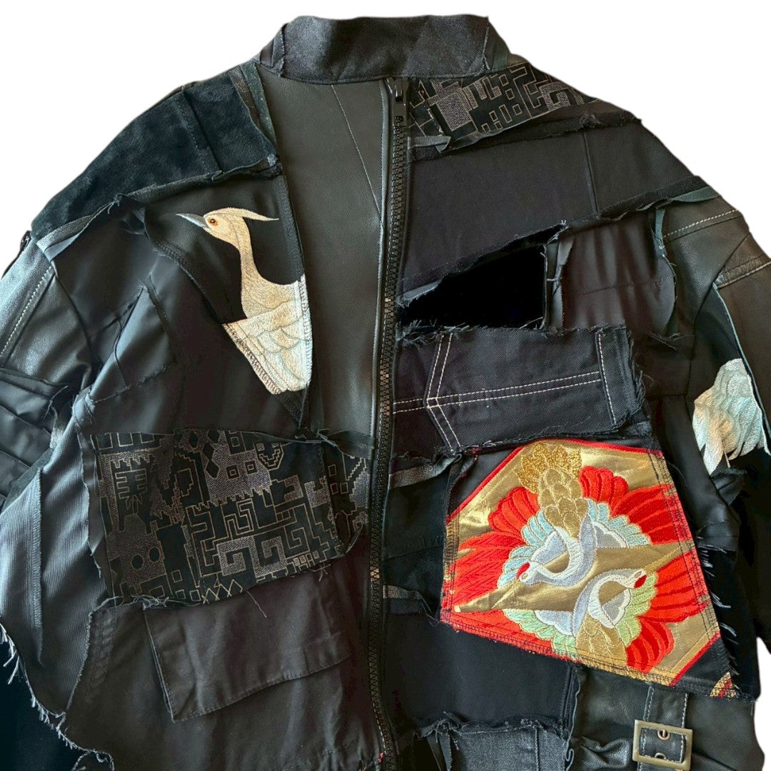 Kurotomesode × Mixed Materials Reconstructed Long Coat Leather Denim & Obi Patchwork One-of-a-kind Unisex zivun