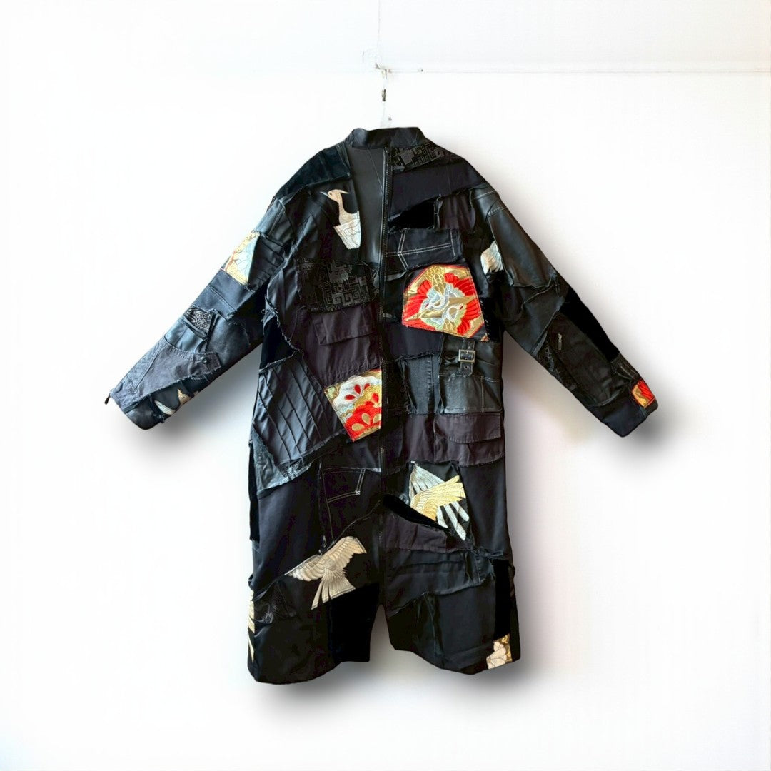 Kurotomesode × Mixed Materials Reconstructed Long Coat Leather Denim & Obi Patchwork One-of-a-kind Unisex zivun