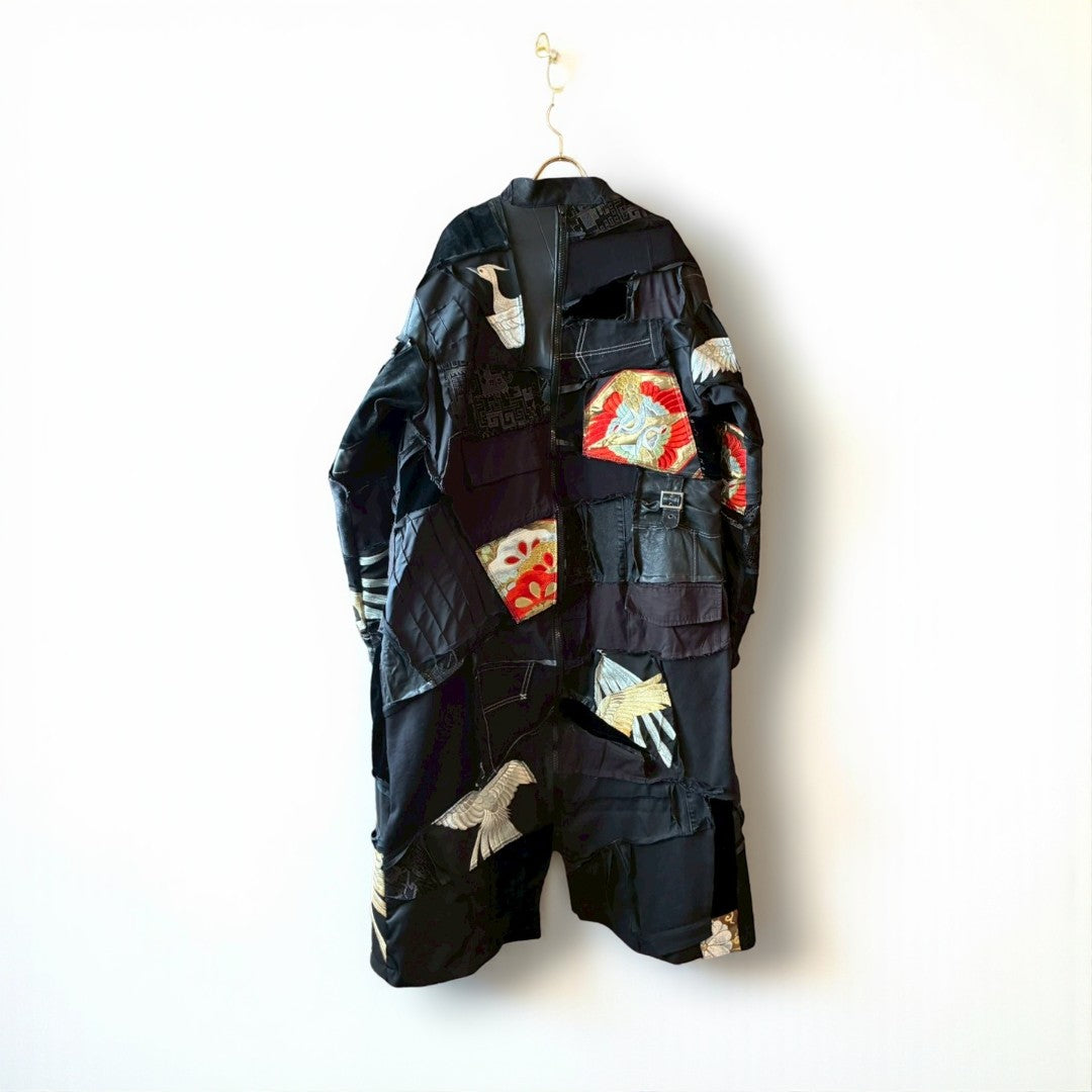 Kurotomesode × Mixed Materials Reconstructed Long Coat Leather Denim & Obi Patchwork One-of-a-kind Unisex zivun