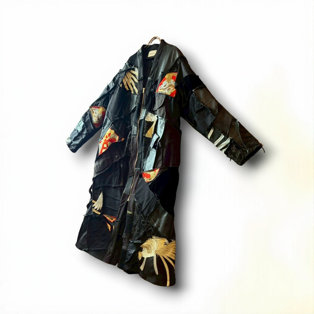 Kurotomesode × Mixed Materials Reconstructed Long Coat Leather Denim & Obi Patchwork One-of-a-kind Unisex zivun