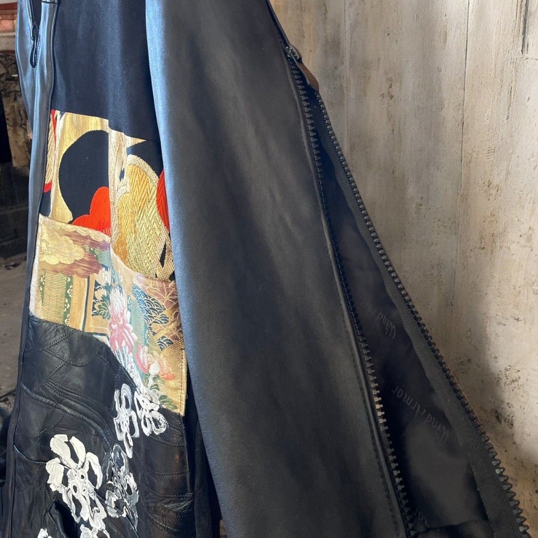 レザーコート ロングコート レディース メンズ ユニセックス 再構築 リメイク デニム ダメージ 帯 ペイント Ao Miyasaka recollect有明ガーデン店