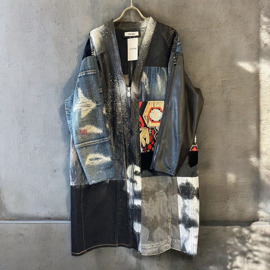 レザーコート ロングコート レディース メンズ ユニセックス 再構築 リメイク デニム ダメージ 帯 ペイント Ao Miyasaka recollect有明ガーデン店
