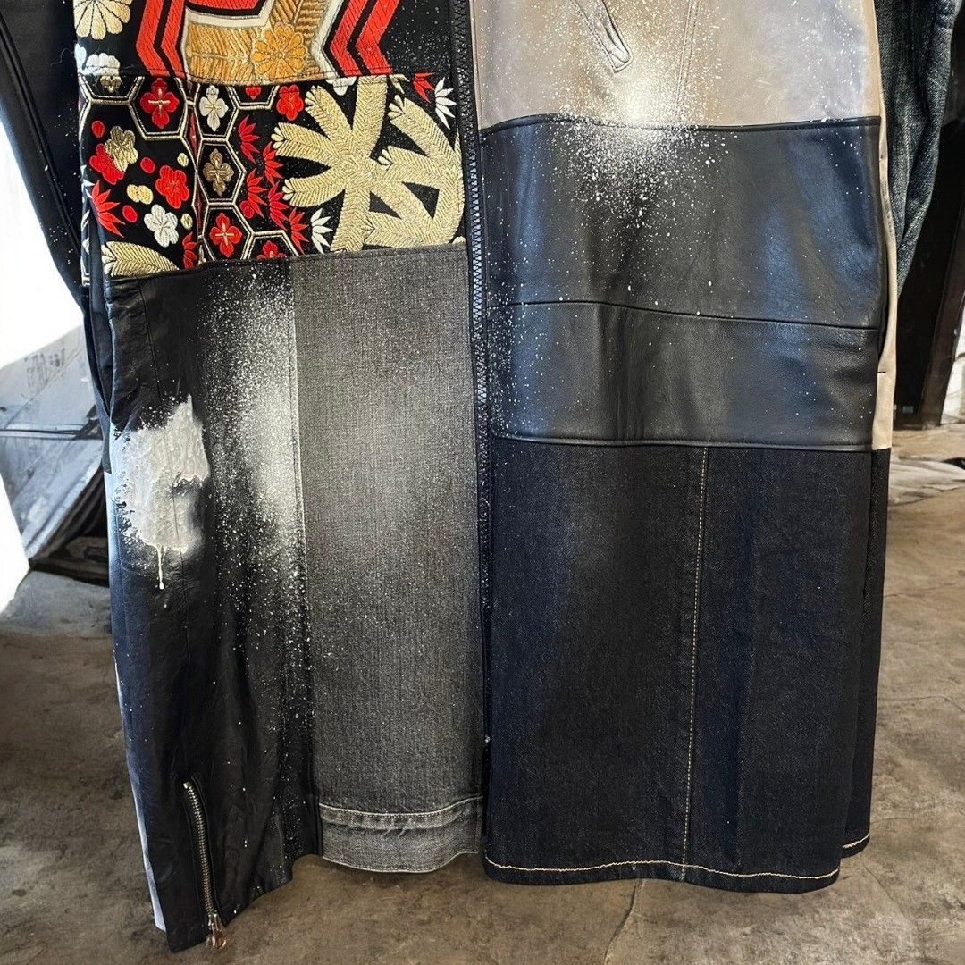 レザーコート ロングコート レディース メンズ ユニセックス 再構築 リメイク デニム ダメージ 帯 ペイント Ao Miyasaka recollect有明ガーデン店