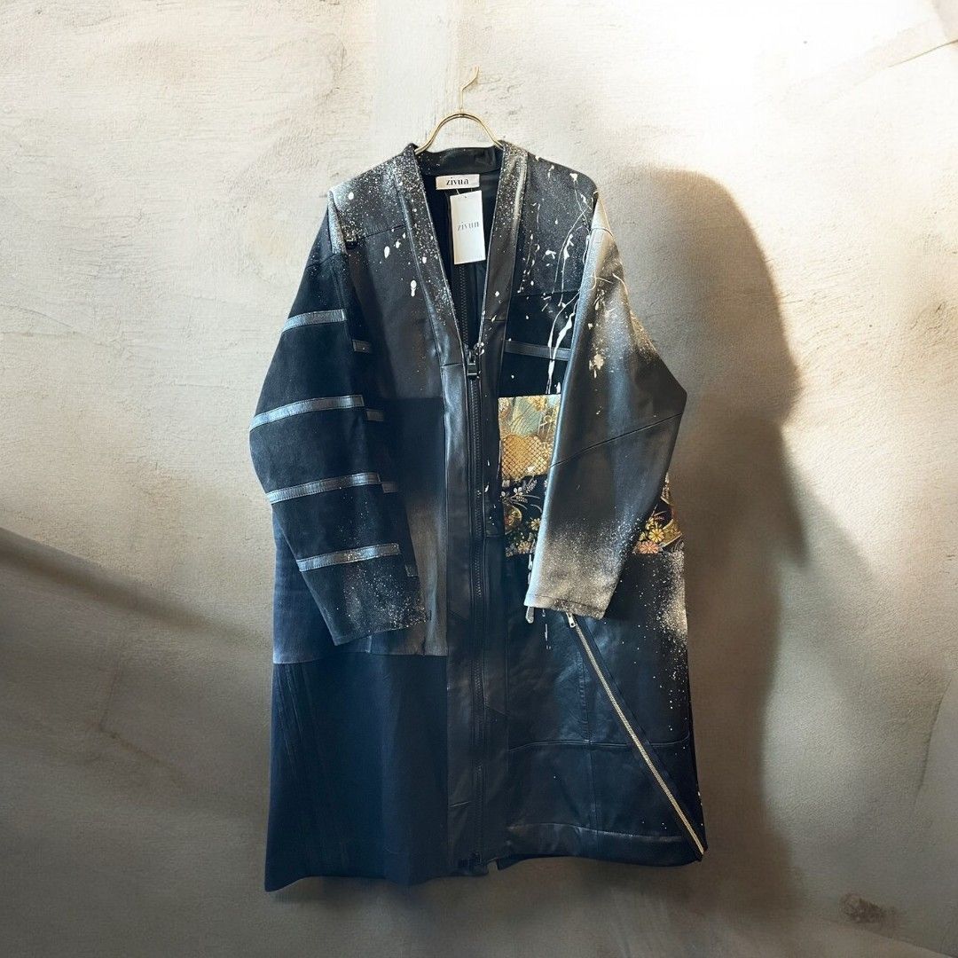 Leather coat, long coat, women's, men's, unisex, reconstructed, remade, denim, distressed, obi, paint, Ao Miyasaka recollect Ariake Garden store