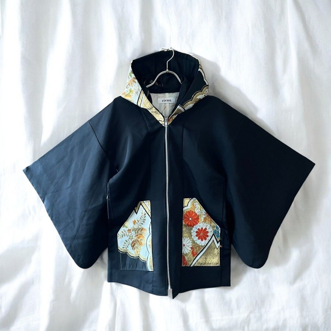 Hoodie Parka Kimono Obi Zip Women's Men's Oversized Remake Kimono Hoodie 2 Black Recollect Ariake Garden Store