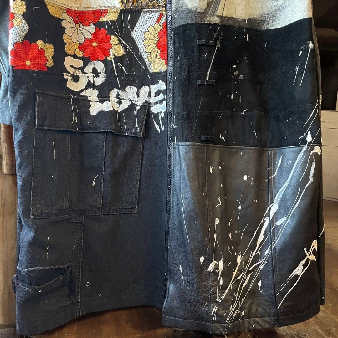 Leather coat, long coat, women's, men's, unisex, reconstructed, remade, denim, distressed, obi, paint, Ao Miyasaka recollect Ariake Garden store