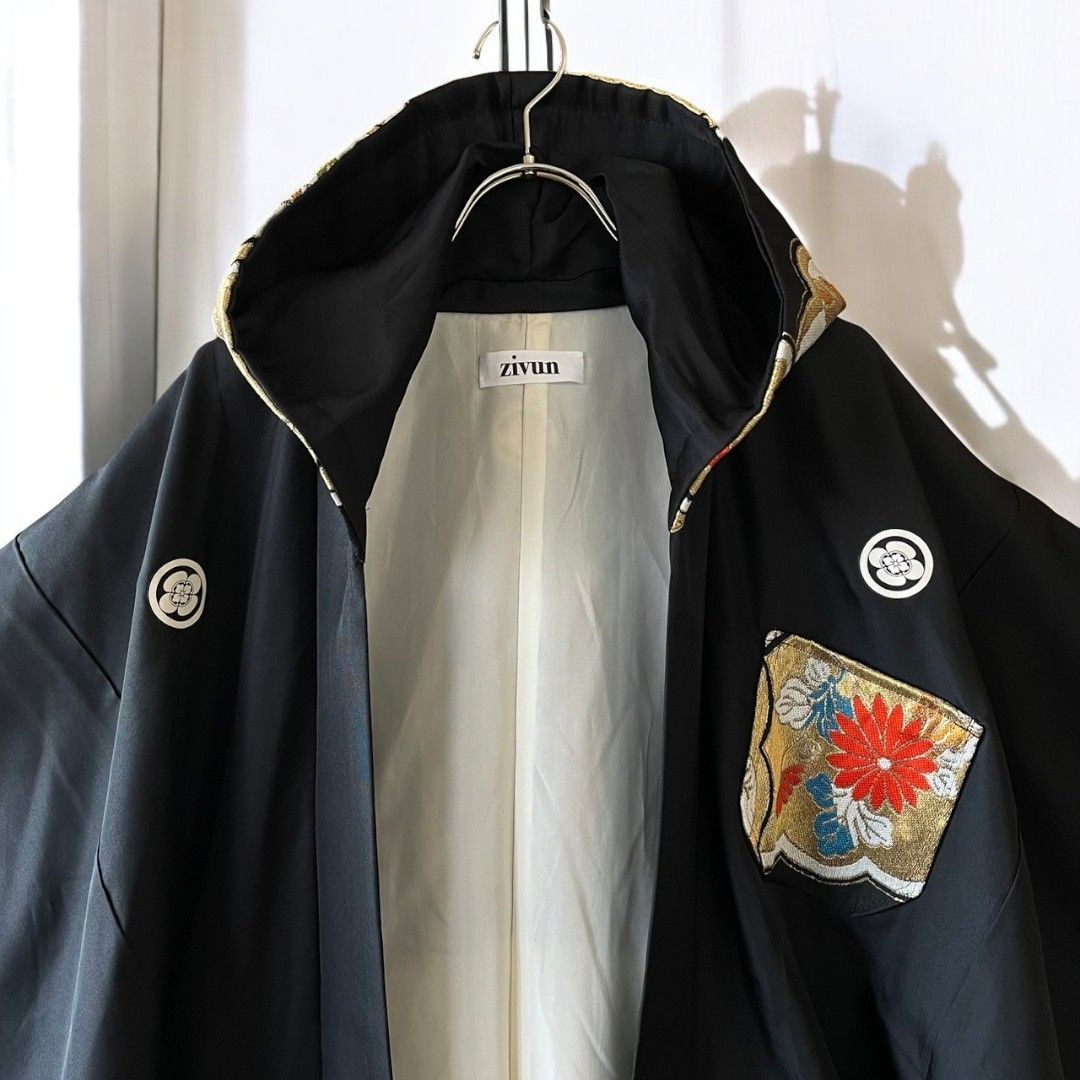 Hoodie Parka Kimono Obi Zip Women's Men's Oversized Remake Kimono Long Hoodie Black Recollect Ariake Garden Store