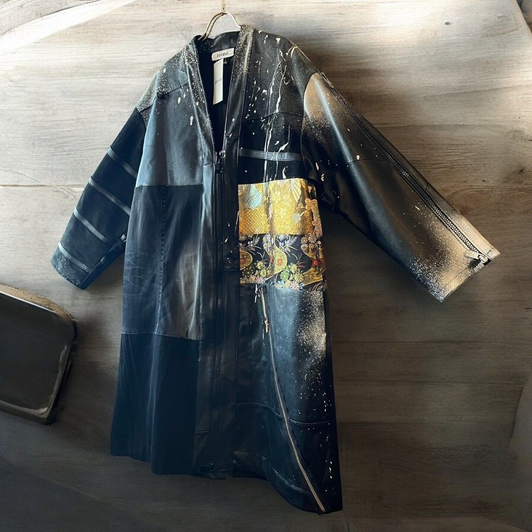 Leather coat, long coat, women's, men's, unisex, reconstructed, remade, denim, distressed, obi, paint, Ao Miyasaka recollect Ariake Garden store