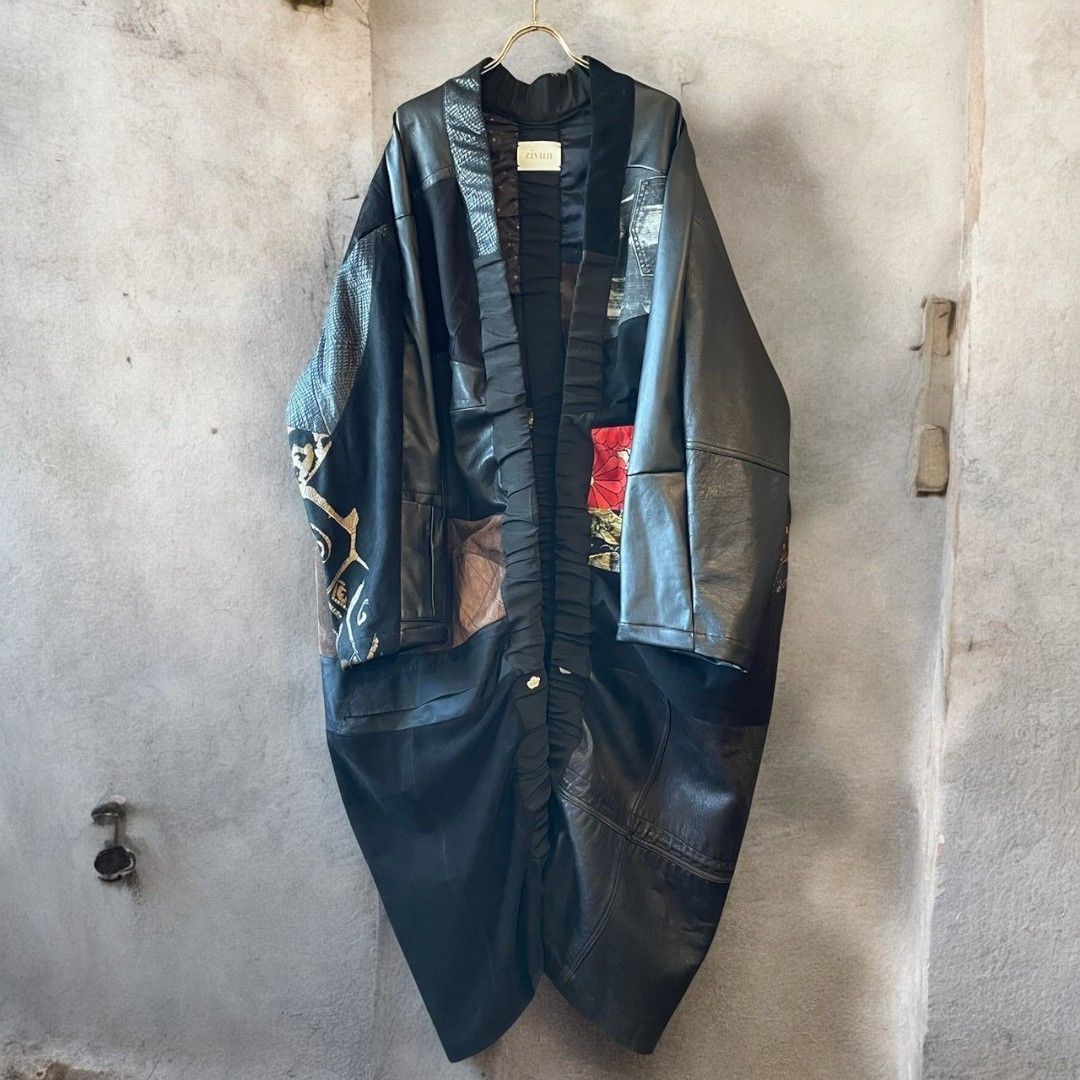 コート ユニセックス メンズ レディース リメイク 着物 帯 黒 ブラック 再構築kimono gown coat recollect有明ガーデン店