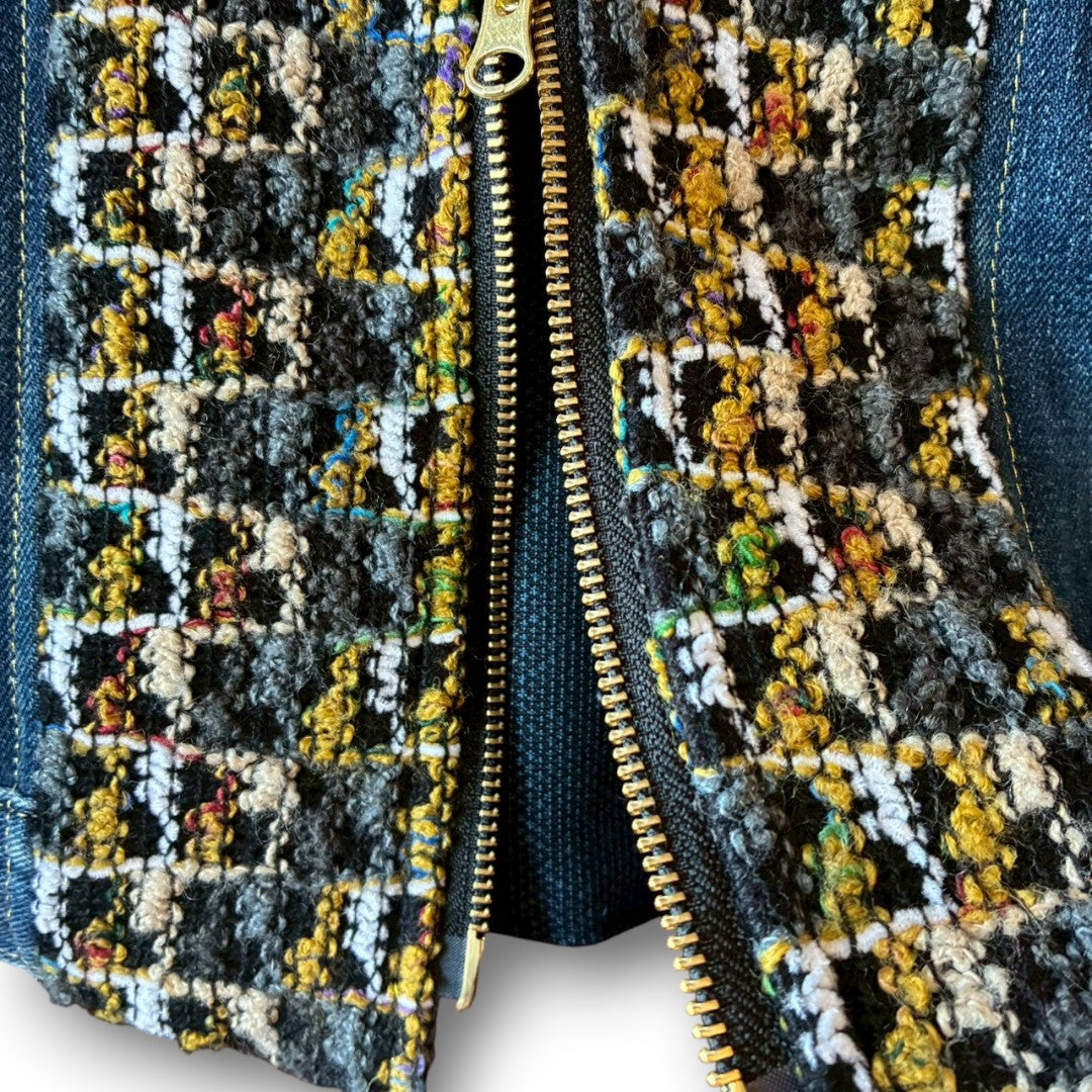 zivun × roi Cropped Denim Full-Zip Hoodie | Tweed Patchwork | Women’s Remake | OLD FLIP