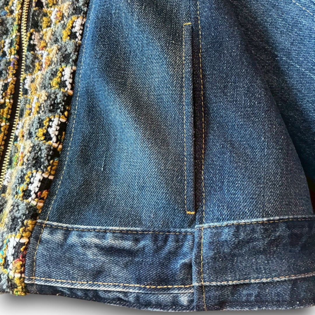 zivun × roi Cropped Denim Full-Zip Hoodie | Tweed Patchwork | Women’s Remake | OLD FLIP