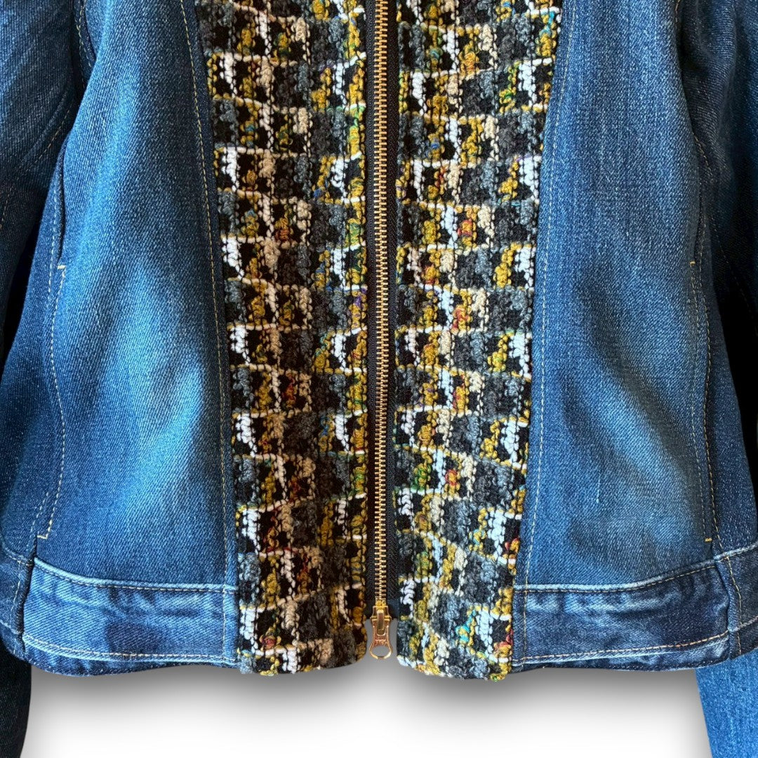 zivun × roi Cropped Denim Full-Zip Hoodie | Tweed Patchwork | Women’s Remake | OLD FLIP