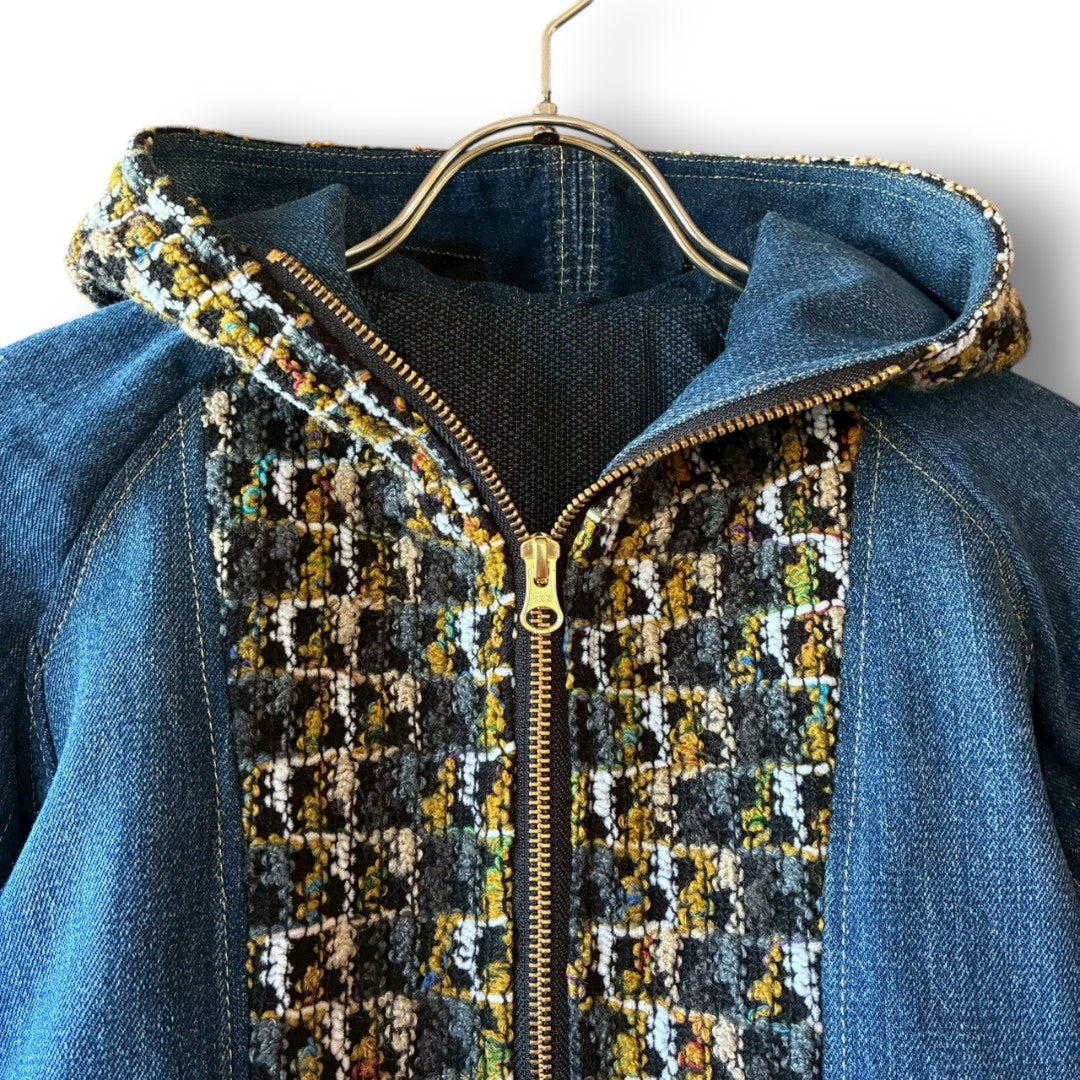 zivun × roi Cropped Denim Full-Zip Hoodie | Tweed Patchwork | Women’s Remake | OLD FLIP