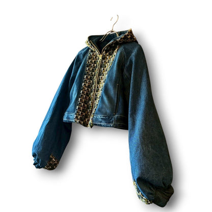 zivun × roi Cropped Denim Full-Zip Hoodie | Tweed Patchwork | Women’s Remake | OLD FLIP