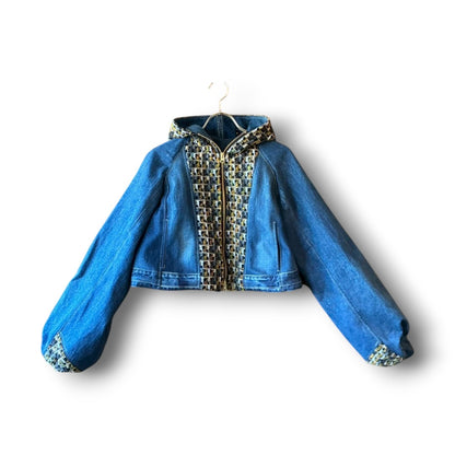 zivun × roi Cropped Denim Full-Zip Hoodie | Tweed Patchwork | Women’s Remake | OLD FLIP
