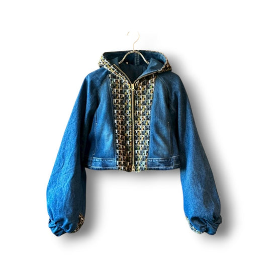 zivun × Yaegashi Cropped Denim Full-Zip Hoodie | Tweed Patchwork | Women’s Remake | OLD FLIP