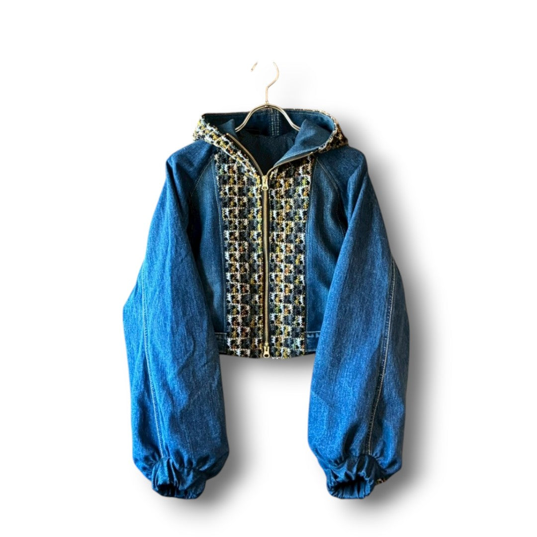 zivun × roi Cropped Denim Full-Zip Hoodie | Tweed Patchwork | Women’s Remake | OLD FLIP