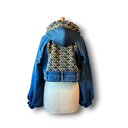 zivun × roi Cropped Denim Full-Zip Hoodie | Tweed Patchwork | Women’s Remake | OLD FLIP