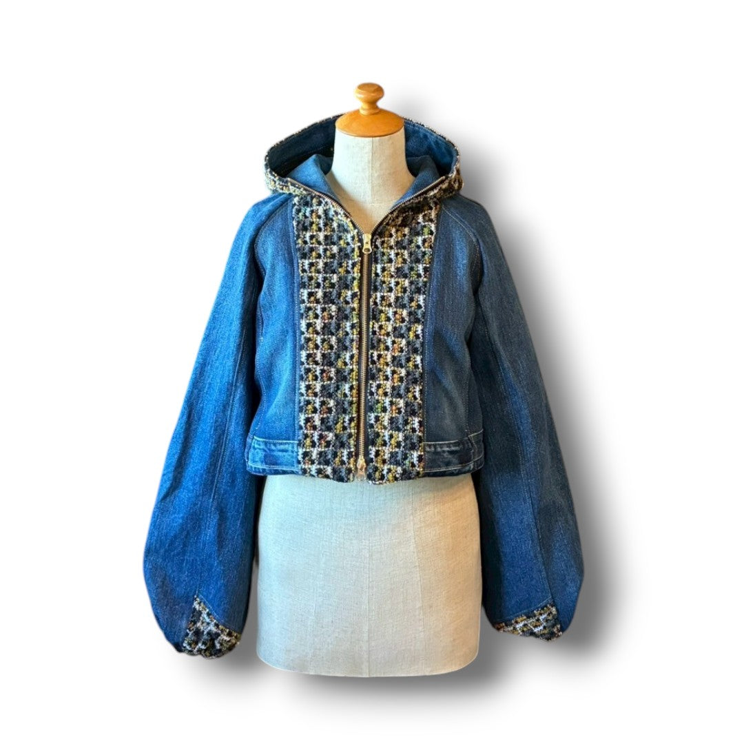 zivun × roi Cropped Denim Full-Zip Hoodie | Tweed Patchwork | Women’s Remake | OLD FLIP