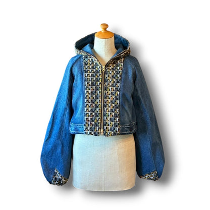 zivun × roi Cropped Denim Full-Zip Hoodie | Tweed Patchwork | Women’s Remake | OLD FLIP