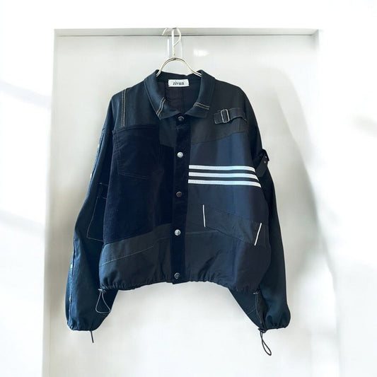 Reconstructed Black Patchwork Jacket & Skirt Set 有明ガーデンrecollect店 ジャケット リメイク セットアップ 再構築 rbj0001