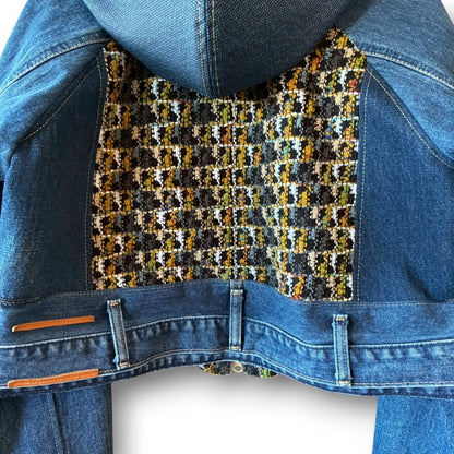 zivun × roi Cropped Denim Full-Zip Hoodie | Tweed Patchwork | Women’s Remake | OLD FLIP