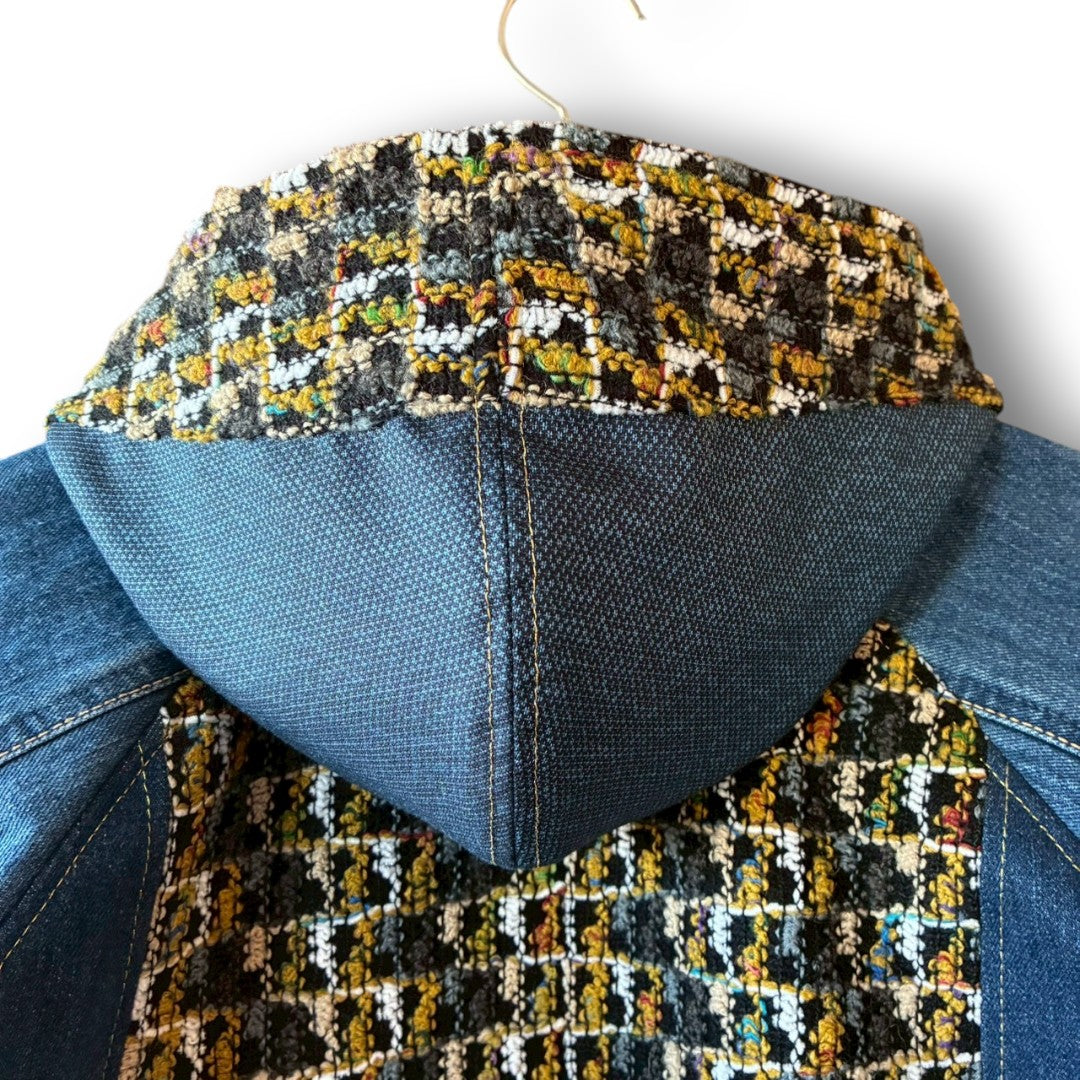 zivun × roi Cropped Denim Full-Zip Hoodie | Tweed Patchwork | Women’s Remake | OLD FLIP