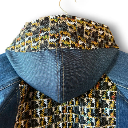 zivun × roi Cropped Denim Full-Zip Hoodie | Tweed Patchwork | Women’s Remake | OLD FLIP