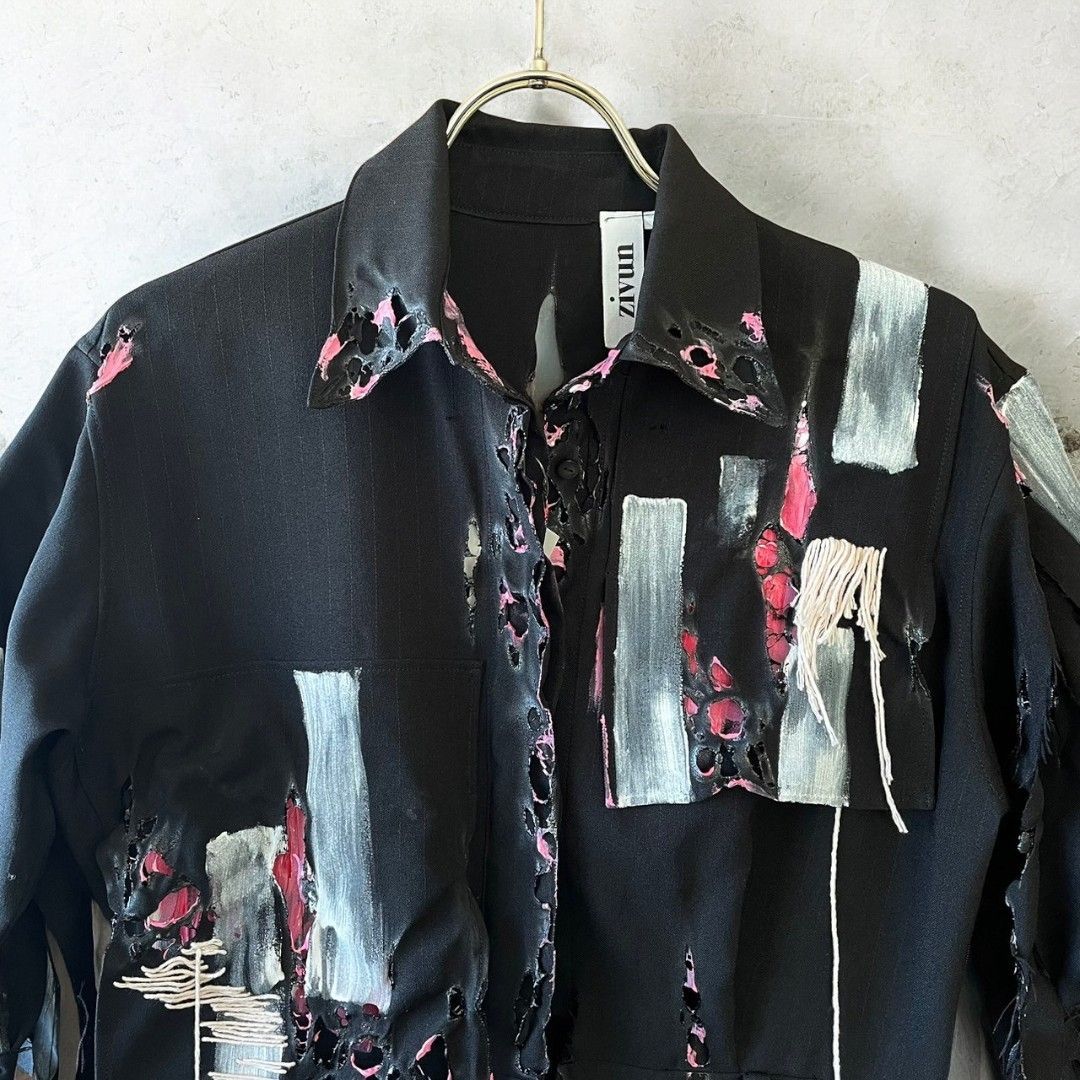 ロングシャツ シャツコート レディース リメイク 黒 ブラック ペイント remake Ao Miyasaka recollect有明ガーデン店