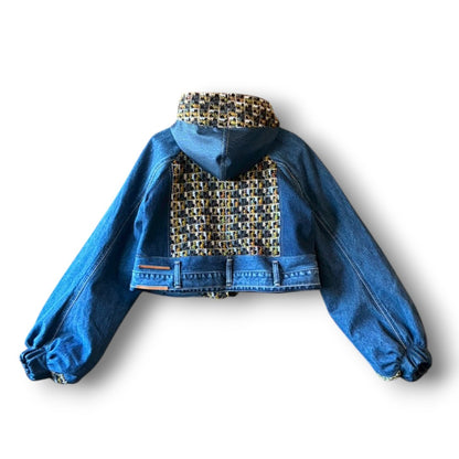 zivun × roi Cropped Denim Full-Zip Hoodie | Tweed Patchwork | Women’s Remake | OLD FLIP