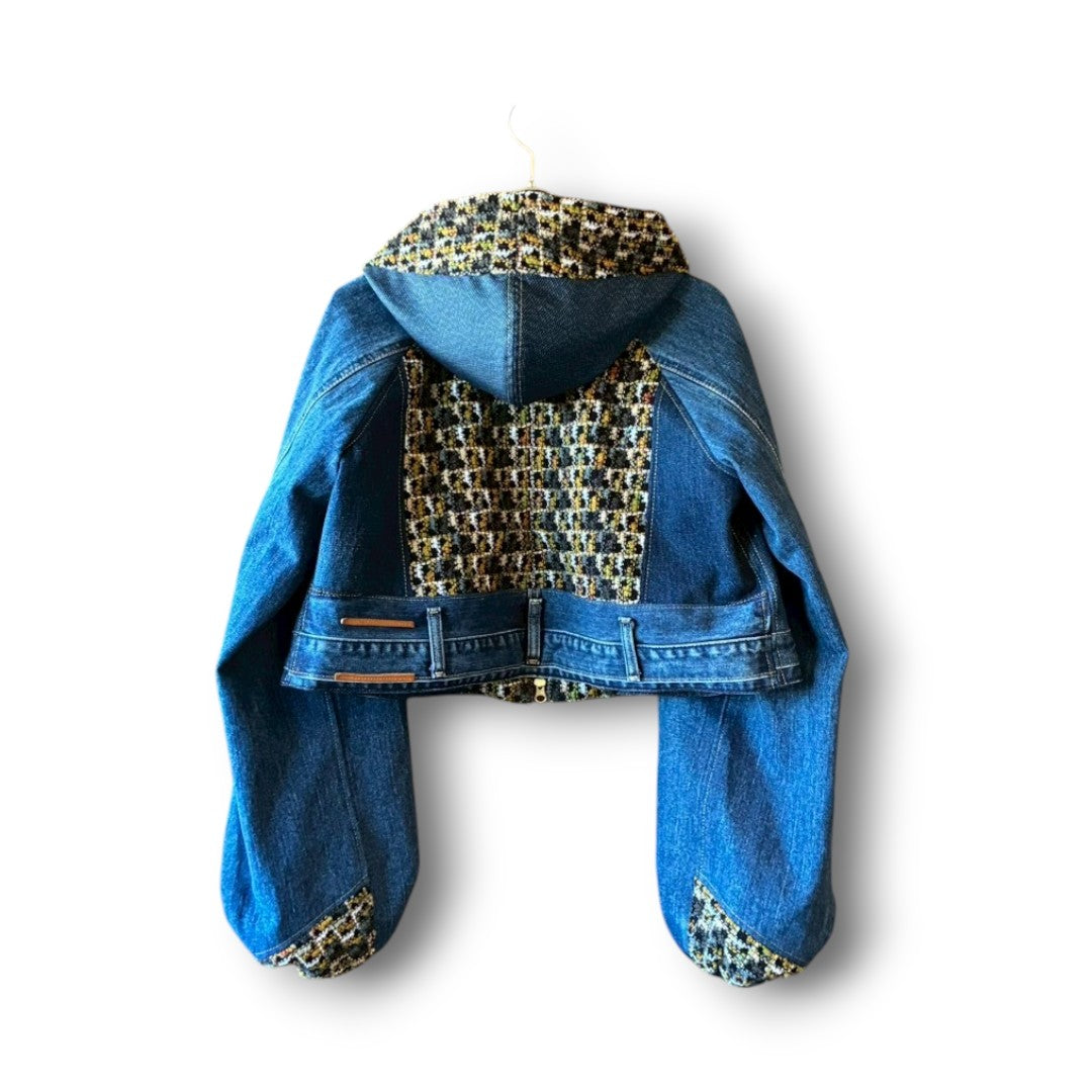 zivun × roi Cropped Denim Full-Zip Hoodie | Tweed Patchwork | Women’s Remake | OLD FLIP