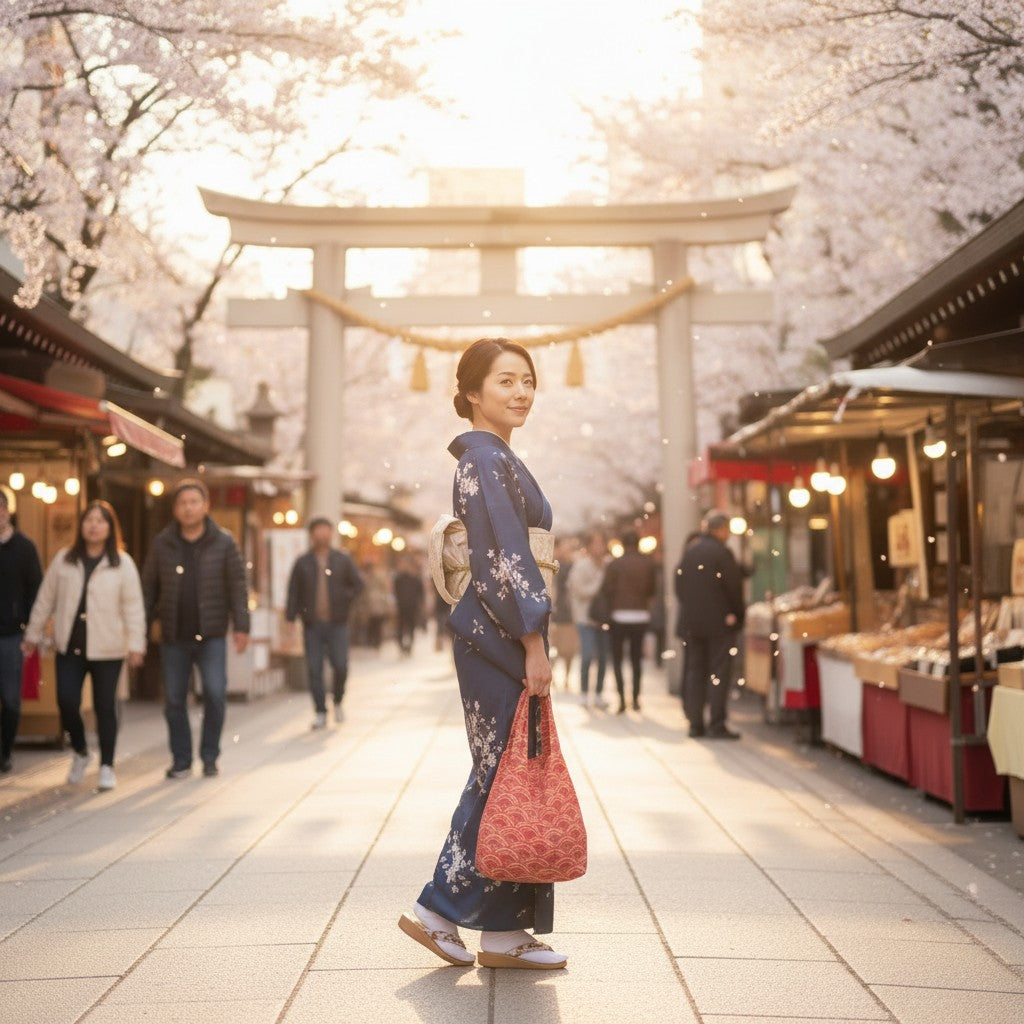 Túi tái chế kimono Zivun | Họa tiết sóng biển màu đỏ, phong cách Nhật Bản hiện đại, hàng độc nhất, túi phụ 32x26cm [OLD FLIP]