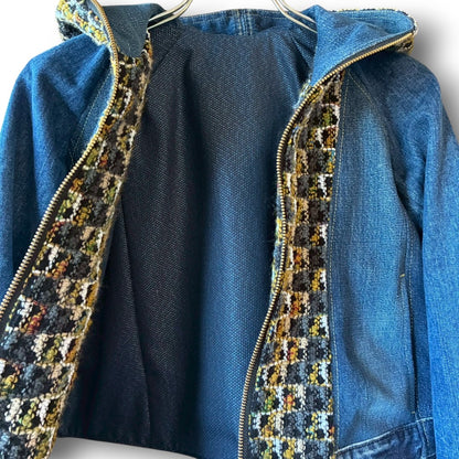 zivun × roi Cropped Denim Full-Zip Hoodie | Tweed Patchwork | Women’s Remake | OLD FLIP