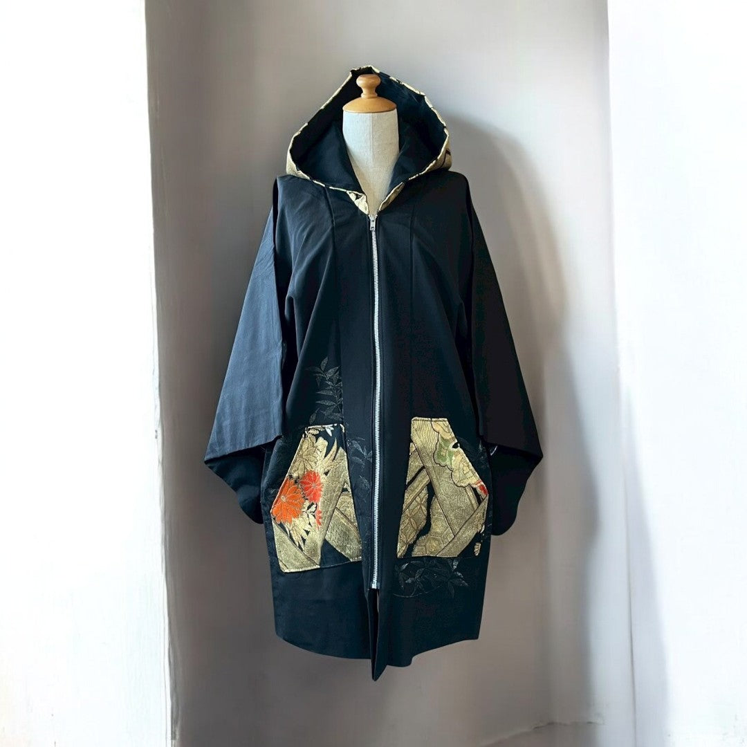 着物フーディ パーカー 帯 黒留袖 リメイク remake メンズ レディース recollect有明ガーデン店 NO.0001