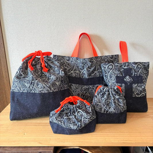 入学入園バッグ5点セット｜再構築古着リメイク ハンドメイド レッスンバッグ・シューズケース・お着替え袋・お弁当袋・コップ袋